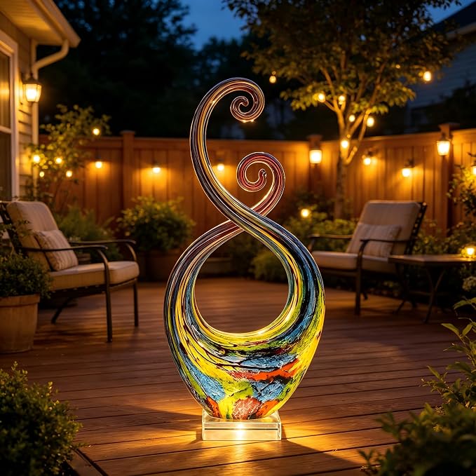 14" Hand Blown Murano Style Glass Sculpture, Abstract Colorful Art Figurine, Modern Designer Home Decor for Living Room Office Patio Garden, Unique Collectible Gift for Art Lovers
