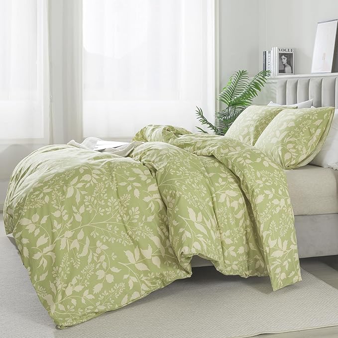 HoneiLife Wildflower Duvet Cover King - 100% Cotton Comforter Cover Sets, 3-PC Comfortable Floral Duvet Cover Sets, Soft & Breathable Duvet Cover with Zipper Closure & Corner Ties, Vibrant Green