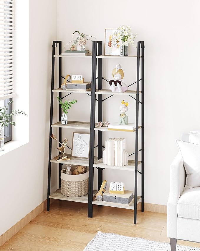 Hzuaneri Ladder Shelf, Bookshelf Bookcase, Freestanding Corner Storage Shelve with 2 Hooks for Home Office, Living Room, Kitchen, Bedroom, Industrial, 11.8" D x 17.3" W x 63" H, Greige BC19205B