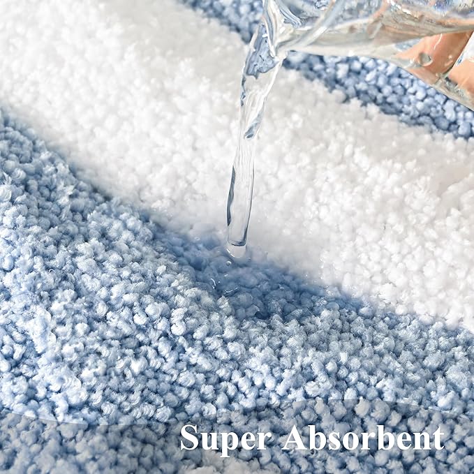 QJHOMO Blue and White Cute Bathroom Rugs Non Slip Bath Mat Modern Aesthetic Bathroom Decor, Geometric Striped Bath Rug Soft Fluffy Floor Mats, Thick Microfiber Carpet Machine Washable (18x26 inch)