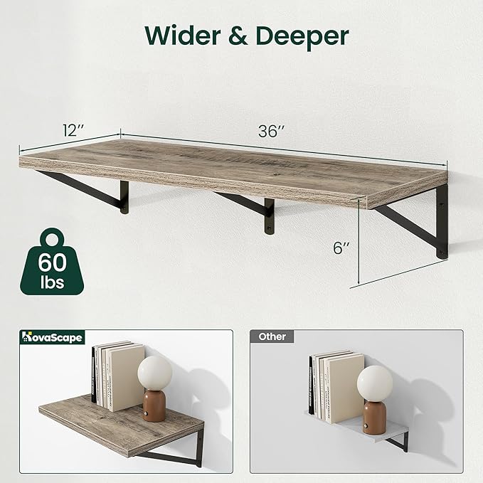 Floating Shelves, 12 Inch Deep Rustic Wood Wall Storage, 36W x 12D Wall Shelves Set of 2, Heavy Duty Metal Brackets, Large Industrial Book Shelf for Living Room, Kitchen, Bedroom, Grey