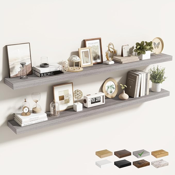 55 Inch Floating Shelves for Wall 2 Pack, 55" Wall Shelves for Books, Storage, Decor, Wall Mounted Floating Shelf with Invisible Brackets for Kitchen, Living Room, Gray
