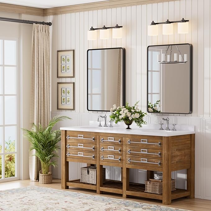 Black Bathroom Mirror 24x32 inch, Rounded Rectangle Metal Framed Vanity Wall Mirror, HD Tempered Glass, Horizontal or Vertical Hanging