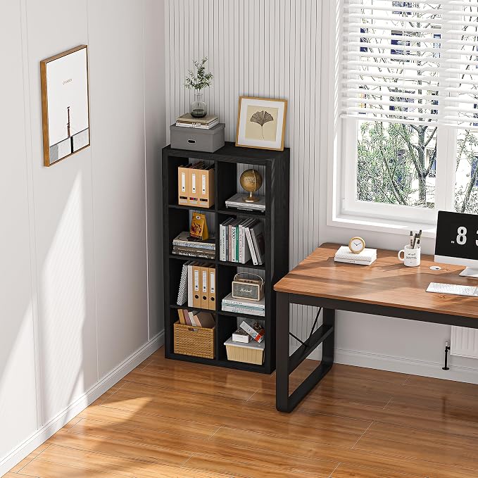 furtble Bookshelf with Storage Bin, 6-Cube Storage Organizer, Modern Wood Open Bookcase, Multifunctional Display Shelf for Living Room, Bedroom, Home Office, Black