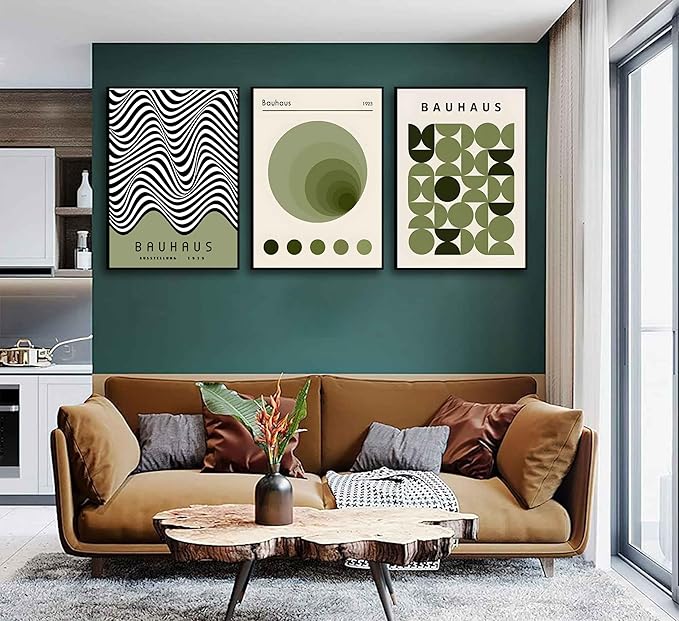 WSTUKVV 3Pcs Bauhaus Mid Century Modern Wall Art Bauhaus 1923 Posters Pictures Green Boho Abstract Geometric Canvas Prints Black Line Paintings for Living Room Bedroom Dining Room Wall Decor Unframed