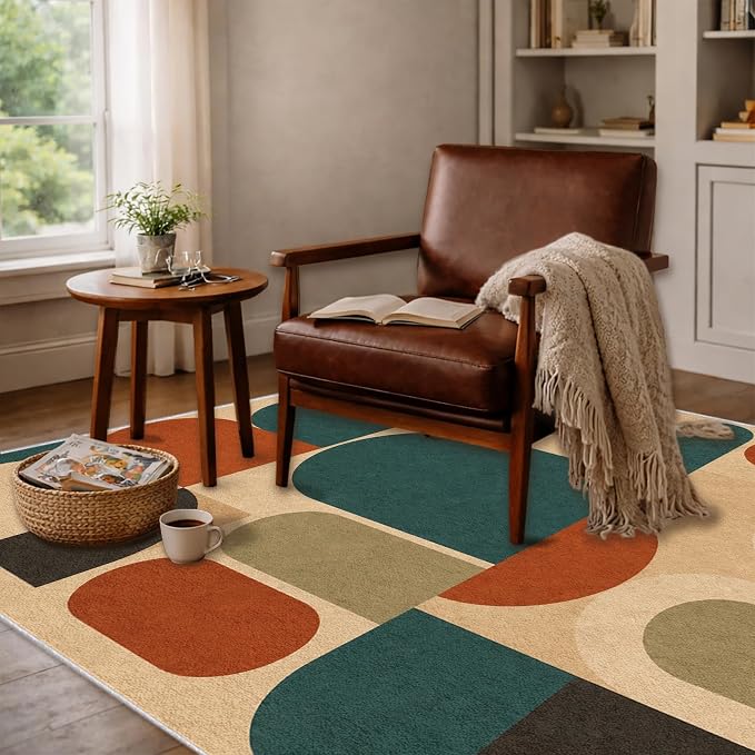 Teal Rust Area Rug 4x6, Mid Century Modern Mosaic Geometric Rug, Retro Abstract Color Block Washable Low Pile Non Slip Rug for Living Room Bedroom