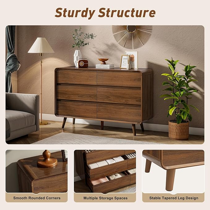Mid Century Modern Dresser for Bedroom, 47'' Wide Dressers & Chests of Drawers with 6 Storage Drawers, Dark Walnut Dresser Wood TV Stand for Living Room, Closet