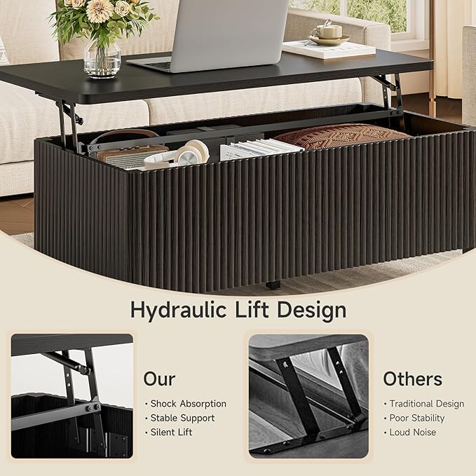 ONBRILL Fluted Lift Top Coffee Table with Storage, Mid Century Modern Coffee Table with Hidden Compartment, Rising Top Wood Center Table for Living Room, Home Office, Rounded Edges (Black)