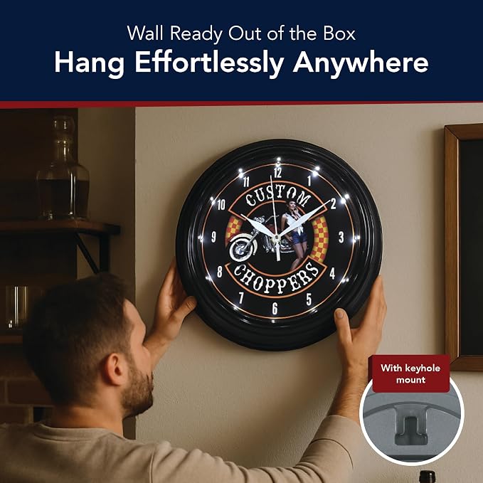 American Art Decor Custom Choppers LED Clock - 12" Wall Mounted Modern Motorcycle Wall Decor - Wall Clock for Living Room, Dorm, Mancave, Garage, Office, Game Room (Black/Orange/Red)