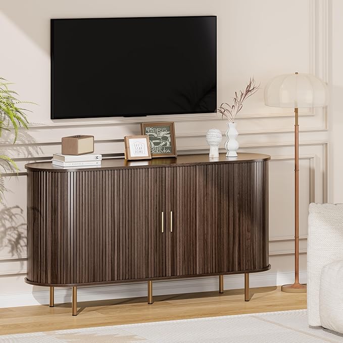 DHH Sideboard Buffet Cabinet with Storage,Mid Century Modern Fluted Accent Coffee Bar Console Table,Tambour Sliding Doors& Adjustable Shelf for Kitchen, Living Room, Entryway(Dark Walnut,55 Inch)
