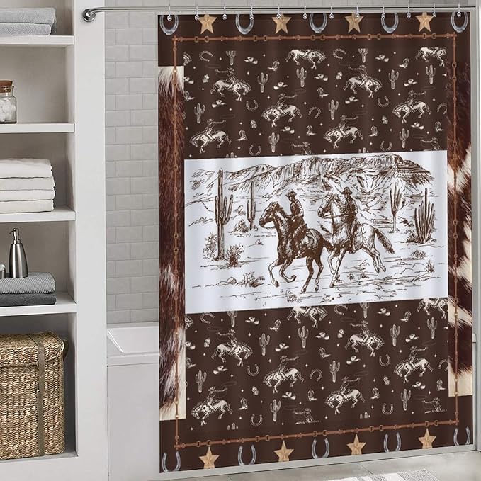 Western Horse Cowboy Shower Curtain for Boys Men Kids Teens Rustic Country Wild West Waterproof Shower Curtains for Bathroom Decor 12 Pack Hooks 66x72in（168x183cm）
