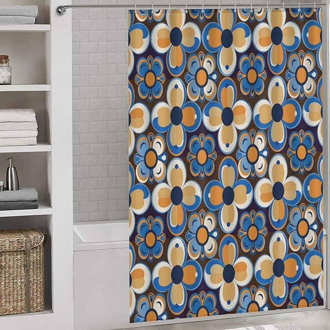 Bohemia Royal Blue Flowers Shower Curtain Mid Century Funky Retro Hippie 60s 70s Aesthetic Washable Waterproof Fabric for Bathroom Decor Bathtub with 12 Hooks 55x72in（140x183cm）
