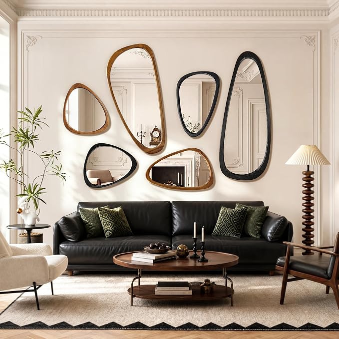 Irregular Wall Mirror, 60"x22" Full Length Mirror with Wood Frame, Large Asymmetrical Wall Mirrors for Living Room Entryway, Bathroom, Mid Century Modern Decor (Black)