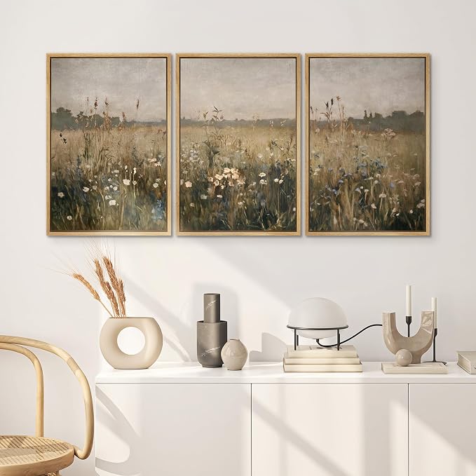 SIGNWIN Framed Canvas Print Wall Art Set Wildflower Meadow Rustic Floral Field Landscape Illustrations Modern Art Decorative Rustic Calm/Zen for Living Room, Bedroom, Office - 16"x24"x3 Natural
