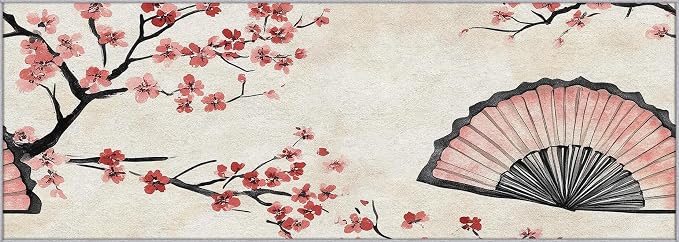 Japanese Cherry Blossom Runner Rug 3x10, Oriental Fan Design, Asian Area Rug, Washable Carpet Runner for Bedroom, Standard Hallways, Kitchen Walkway, Dining Room Sideboard