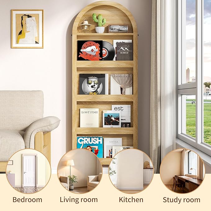 Narrow Tall Wall Mounted Bookshelf for Living Room Bedroom (Light Wood)