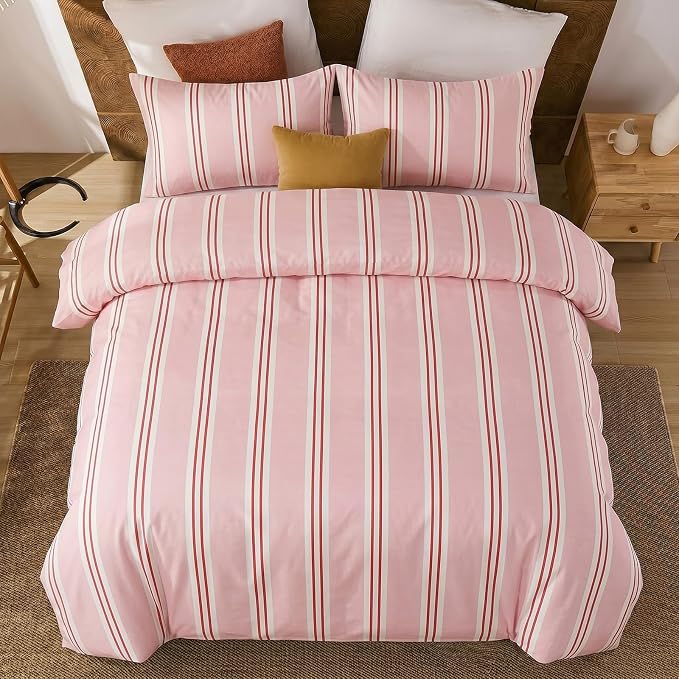 Merryword Striped Duvet Cover Set Queen Size - 100% Cotton Duvet Cover Set, Pink Ribbon Stripes Pattern Comforter Cover 3 Pieces, Soft Linen Like Bedding Set for All Seasons
