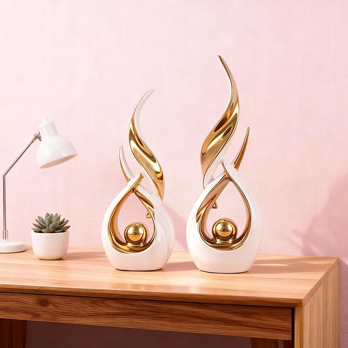 2-Piece Abstract White and Gold Home Decor, Ceramic Abstract Sculpture, Modern Art Piece, Suitable for Room Coffee Table Countertops, Office Bookshelves, Dining Table Centers, Entryway Decor.
