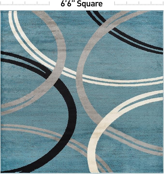 Rugshop Modern Wavy Circles Design Square Rug, Non-Shedding Carpet for Living Room, Bedroom, or Dining Room, Blue, 6'6" x 6'6"
