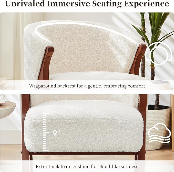 Merax Mid-Century Modern Accent Chair with Solid Wood A-Frame & Wrap-Around Backrest, High-Density Foam Cushion & Rounded Edges for Living Room, Reading Nook, Lounge Area (Beige+Walnut)