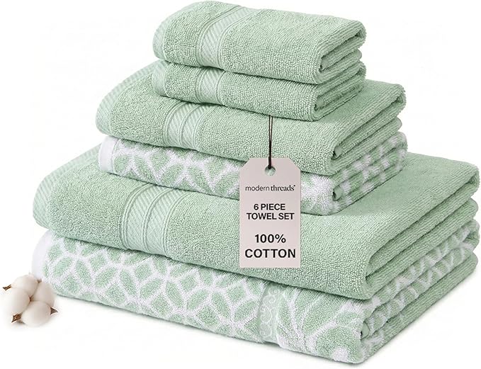 Modern Threads Trefoil Filigree 6-Piece 100% Cotton Towel Set – Reversible Yarn Dyed Jacquard – Includes 2 Bath Towels, 2 Hand Towels, 2 Washcloths – Absorbent, Quick Dry, Soft & Durable – Sage Green