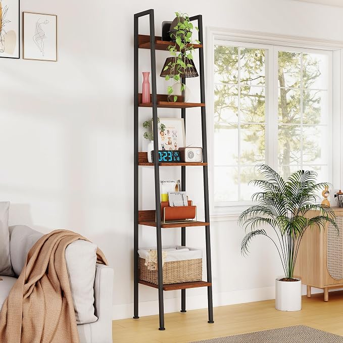 Ladder Shelf, 5 Tier Ladder Shelf, 13.5” Wide Tower Storage Shelf for Books, Anti Tip Feature, Steel Frame, Perfect for Bookshelf, Plants, Kitchen, Living Room, Office, Walnut