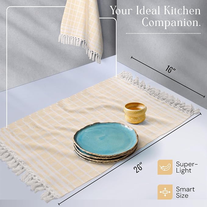 Matrix Dobby Kitchen Towels 12 Pack, 100% Cotton, 16x26 Inches, Absorbent Tea Towels with Handmade Tassels, Reusable Washable Cloths for Quick Drying and Cleaning - Pale Yellow, White