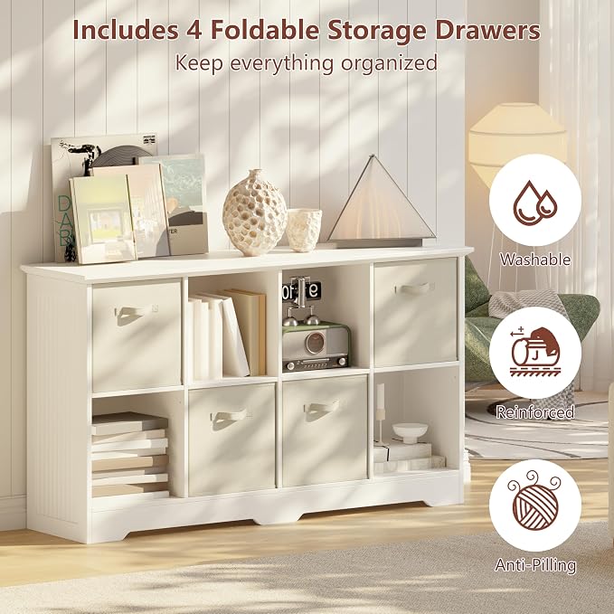 VORONOI 8 Cube Storage Organizer with 4 Fabric Drawers and Removable Shelves — Modular Cube Bookshelf for Bedroom, Living Room, or Home Office, Short Cube Bookcase for Toys, Decor,White