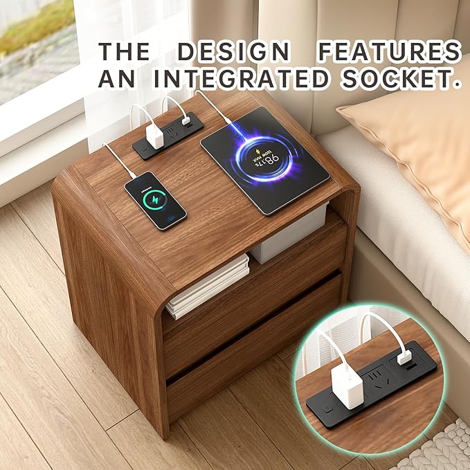 Modern Nightstand, 23.6-Inch Wide with Charging Station & Curved Anti-Collision Design, Mid-Century Storage Cabinet, Pre-Embedded Slots, Sturdy & Reusable, Ideal for Dorm, Sofa, or Office (1)
