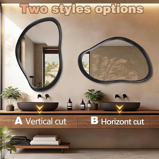 35"x24" Wood Bathroom Mirror Wall Mounted, Black Irregular Wall Mirror, Rustic Farmhouse Vanity Mirror for Bedroom Living Room Bathroom Entryway, Horizontal/Vertical
