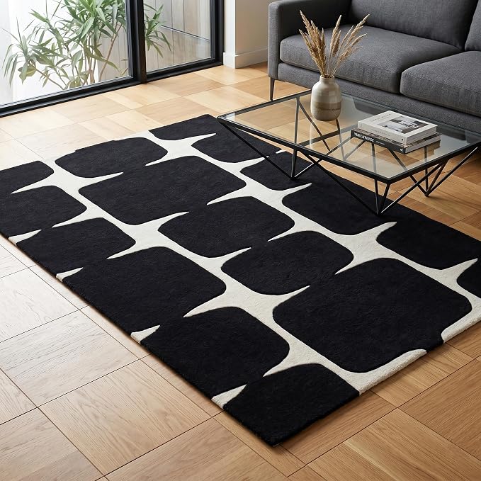 Restoration and Renovation Modern Wool Area Rug - Contemporary Abstract Geometric Design, Thick & Soft Hand-Tufted Carpet - Ideal for Indoor Decor in Living Room, Bedroom (Black, 6' Round)