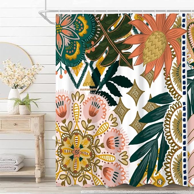 Bohemian Floral Bathroom Shower Curtain - Colorful Boho Leaves Flowers With Hooks, Polyester Waterproof Fabric, Paisley Unique Trendy Woman Decor, 72x78 Inch