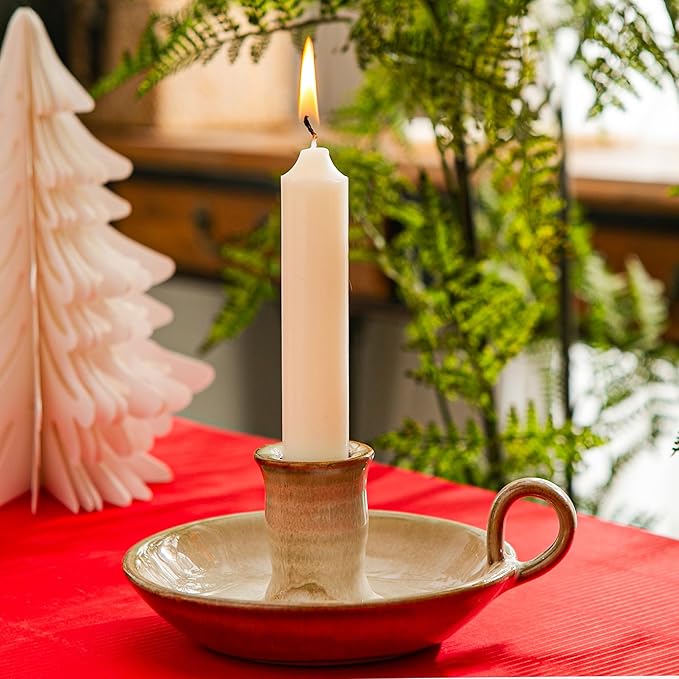 Candlestick Holder, Vintage Ceramic Candle Holder for Taper Candles, Spell Candles, and Incense, Farmhouse Candlelight Stand with Handle for Home, Dining Table, Halloween, Christmas Decor