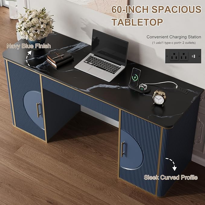 60" Fluted Computer Desk, Wooden Long Home Office Writing Desk with Drawer & Storage Cabinet, Modern Writing Table with Charging Station, High Executive Desk for Office，Bedroom, Navy Blue