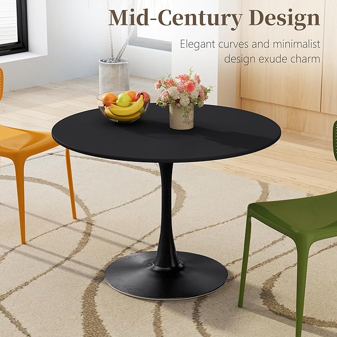 42 Inch Round Dining Table,Mid-Century Tulip Table with Metal Pedestal Base,Modern Leisure Table for Small Space Kitchen Dining Room,Easy Assembly,Black