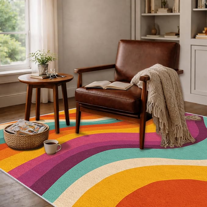 Retro 70s Area Rug 2x3, Mid Century Modern Abstract Wavy Carpet, Colorful Rainbow Swirl Rug for Living Room Bedroom Office, Non-Slip Washable Indoor Floor Mat