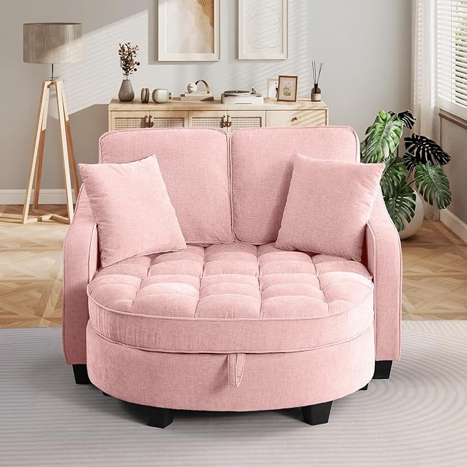 Oversized Chaise Lounge Chair Indoor with Ottoman, Chenille Tufted Comfy Loveseat Sofa Chair with Adjustable Backrest, Fluffy Recliner Sofa, Convertible Sleeper Couch Bed for Living Room(51"W, Pink)