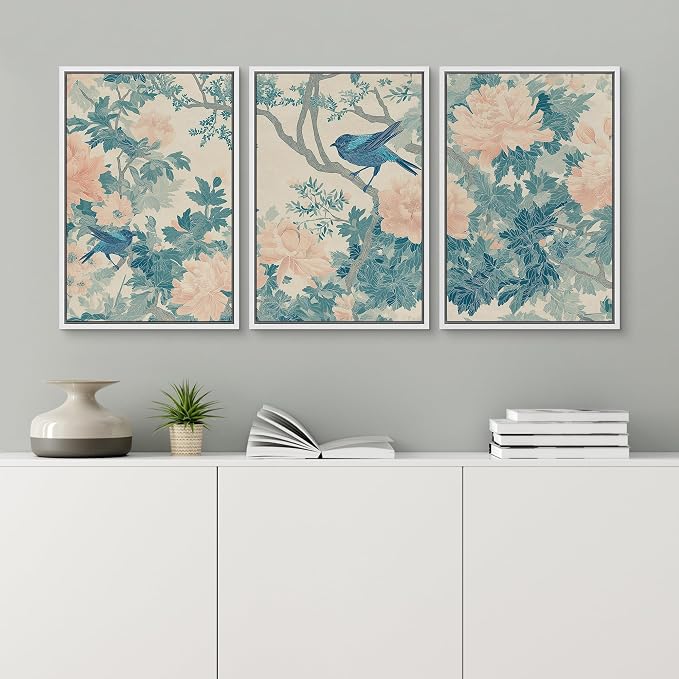 wall26 Framed Print Wall Art Set Elegant Blue Bird and Peony Floral Pattern Decorative Minimal Relax/Zen for Living Room, Bedroom, Office - 24"x36"x3 WHITE