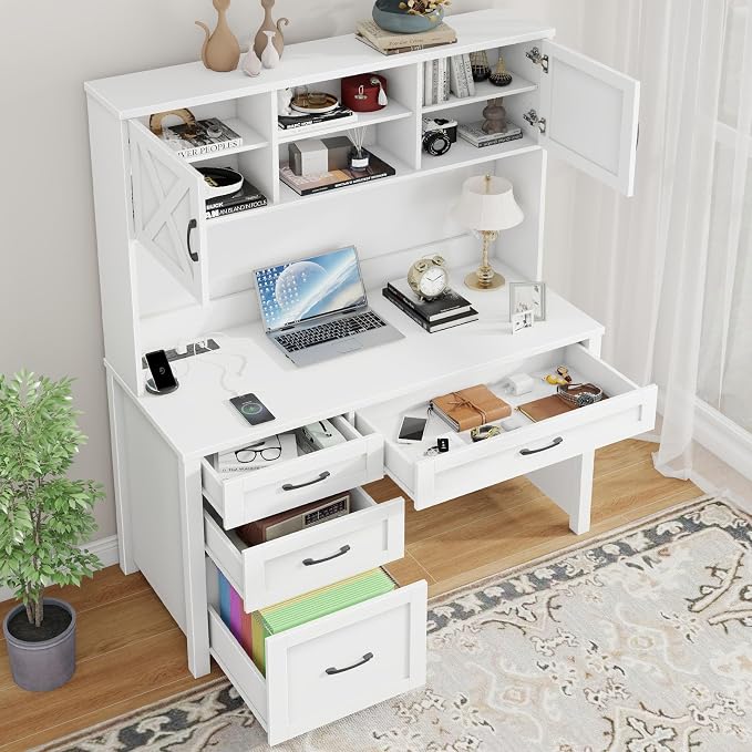 Vabches Farmhouse 67" H Executive Desk with Hutch,Office Desk with 4 Drawers and LED Light, Wood Workstation for Home Office and Study, Computer Desk with File Drawers, Charging Station.Cream White