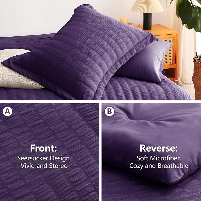 CozyLux Full Size Comforter Sets Purple, 7 Pieces Seersucker Textured Luxury Bed in a Bag, All Seasons Soft Bedding Sets with Down Alternative Comforter, Sheets, Pillowcases & Shams, Home Gift