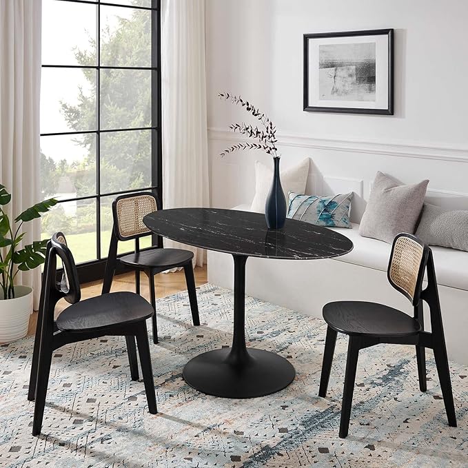 Modway Lippa Oval 54" Mid-Century Modern Artificial Marble Dining Table in Black Black