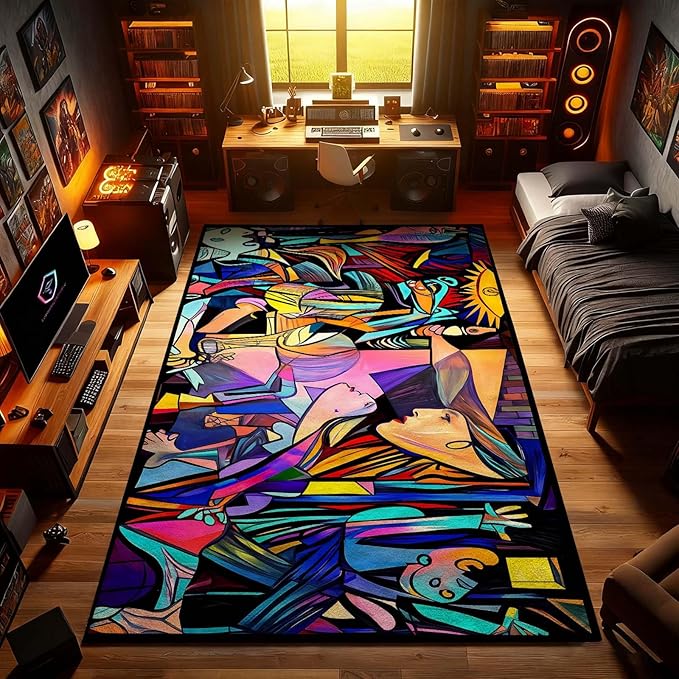10x17 Colorful Guernica Rug, Abstract Pablo Picasso Rug, Abstract Rugs for Living Room, Modern Rugs, Large Colorful Graffiti Carpet, Non Slip & Faux Cashmere Washable Carpet