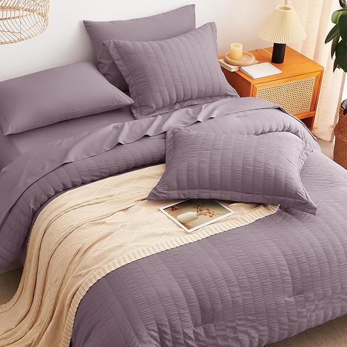 CozyLux Twin XL Comforter Set Dusty Purple, 5 Pieces Seersucker Twin Extra Long Bed in a Bag, College Dorm Down Alternative Bedding Set with Comforter, Sheets, Pillowcase & Sham, Back to School Gift