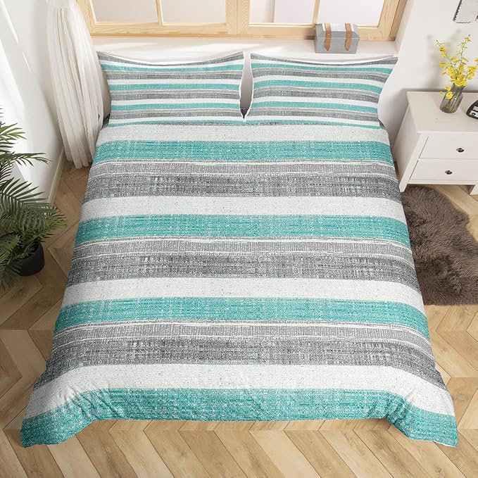 Erosebridal Grey White Teal Bed Set Abstract Art Duvet Cover, Geometric Stripe Bedding Set King Grunge Aesthetic Comforter Cover, Boho Hippie Modern Bed Cover 3pcs with 2 Pillow Case (Zipper Closure)