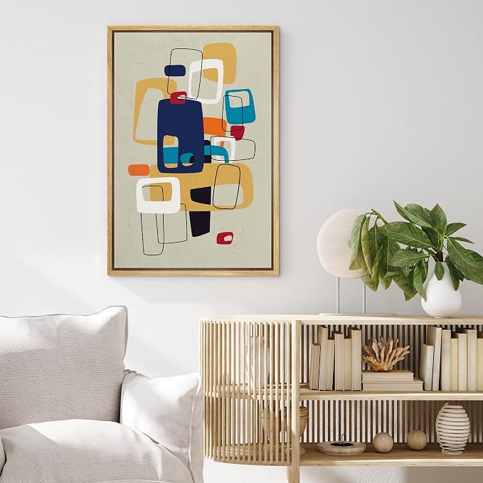MUDECOR Framed Canvas Print Wall Art Mid-Century Modern Colorful Polygon Collage Abstract Shapes Illustrations Minimalism Decorative Bohemian Multicolor Geometric Retro for Bedroom - 16"x24" Natural