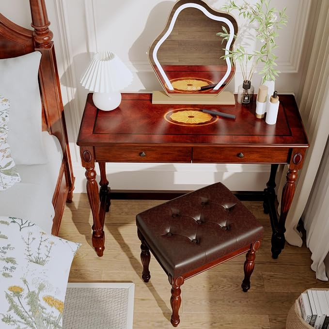 LEEMTORIG Vintage Solid Wood Writing Desk, Small Secretary Desk with 2 Drawers, 39.4" W Cherry Wood Writing Table for Home Office, Victorian French Provincial Desk, Cherry Walnut SSZ-1533-WD