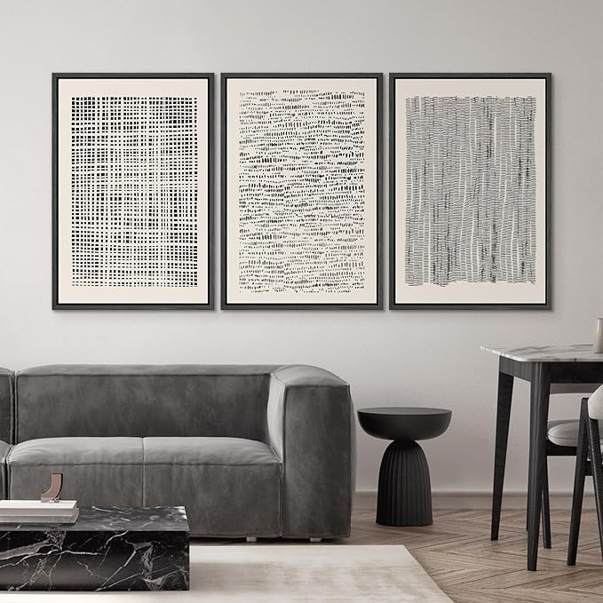 SIGNWIN Framed Canvas Print Wall Art Set Geometric Dark Black Grid Wave Pattern Abstract Shapes Cozy Neutral Modern Art Decorative Contemporary for Living Room, Bedroom, Office - 16"x24"x3 Black