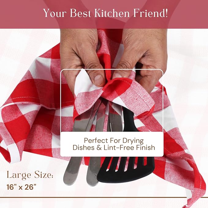 Red Buffalo Plaid Checked Dish Towels 4 Pack, 100% Cotton, 16x26 Inches, Super Absorbent, Quick Drying, Soft, Lint-Free, Durable Tea & Bar Towels with Hanging Loop, Grey and White