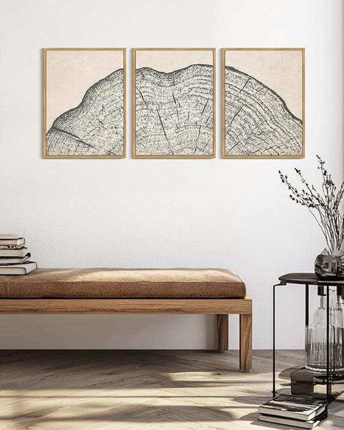 KUVIOKE Framed Tree Rings Wood Wall Art Modern Retro Beige Wood Stump Wall Decor Nature Abstract Art Print for Living Room Bedroom 12x16in (Natural Framed)