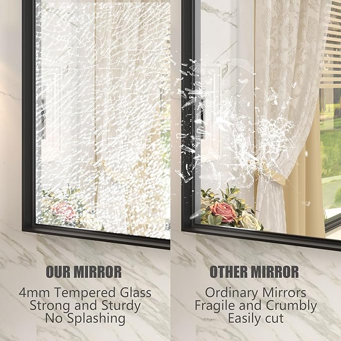 40x30 Inch Black Metal Framed Wall Mirror for Wall, Matte Black Rectangle Mirror, Bathroom Vanity Mirror with Square Corner, Shatterproof, Anti-Rust (Horizontal/Vertical)
